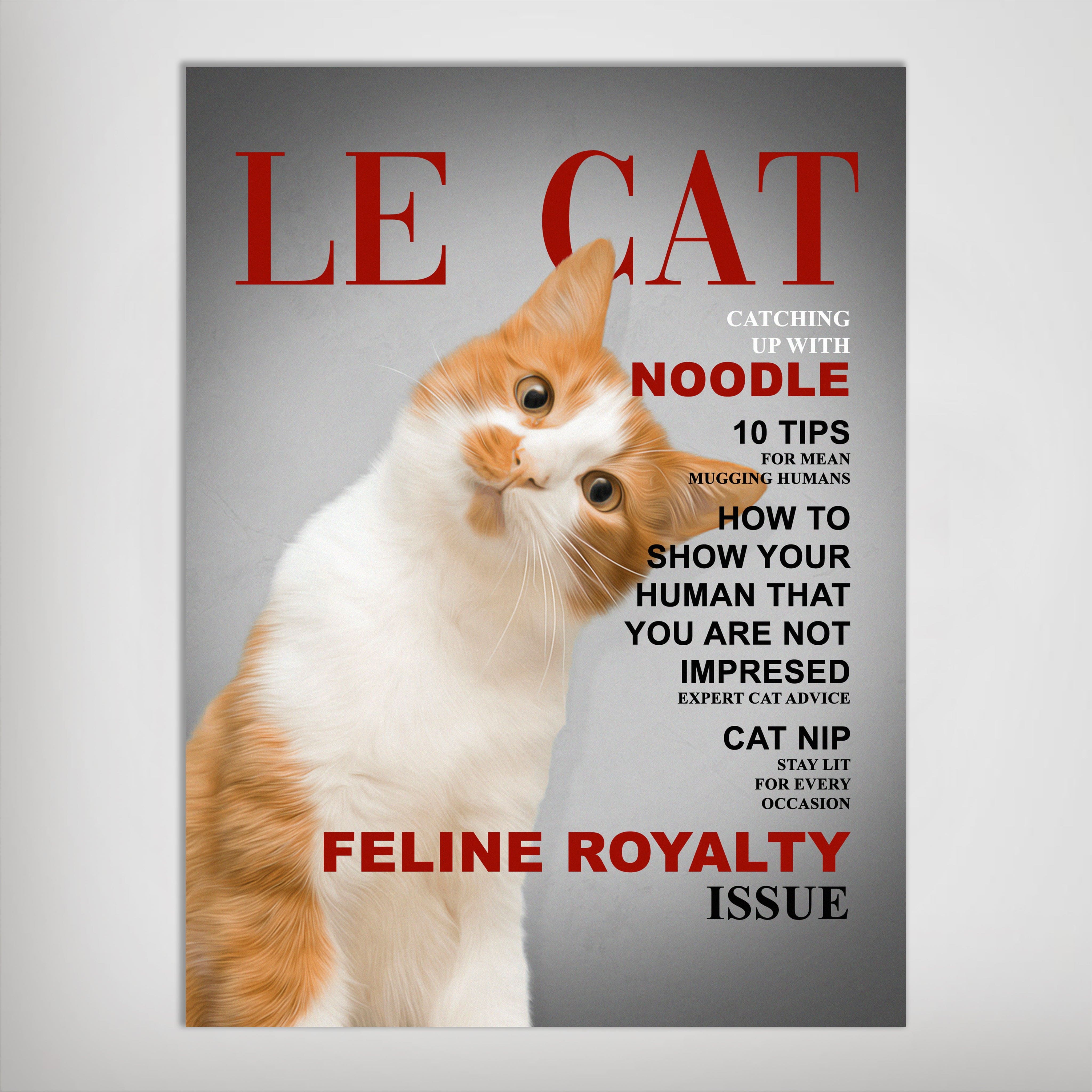 Personalized 'Le Cat' poster featuring an orange and white cat on a magazine cover with red text.