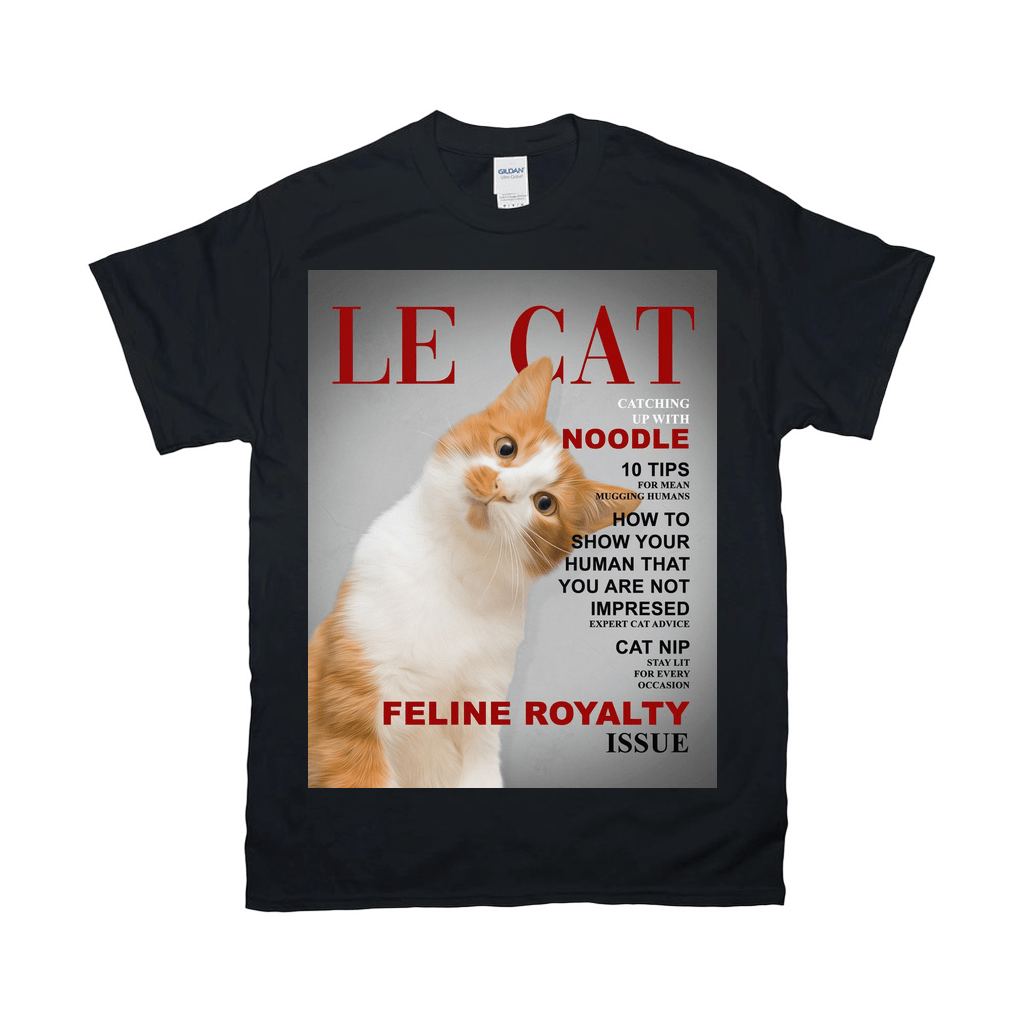 Black Gildan t-shirt with a "Le Cat" magazine cover design featuring an orange and white cat.
