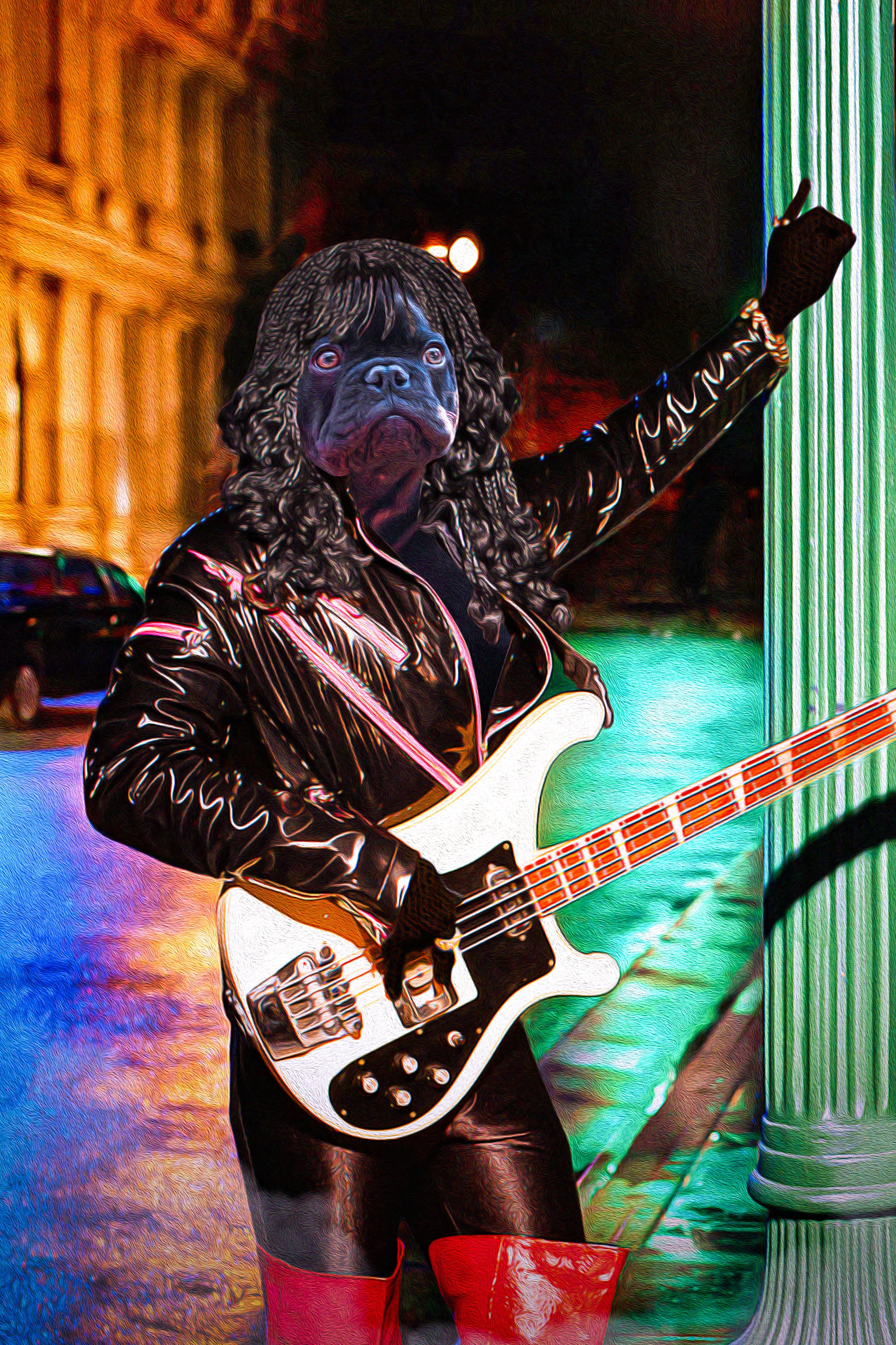 Custom digital portrait of a dog as a rock star playing a white bass guitar.