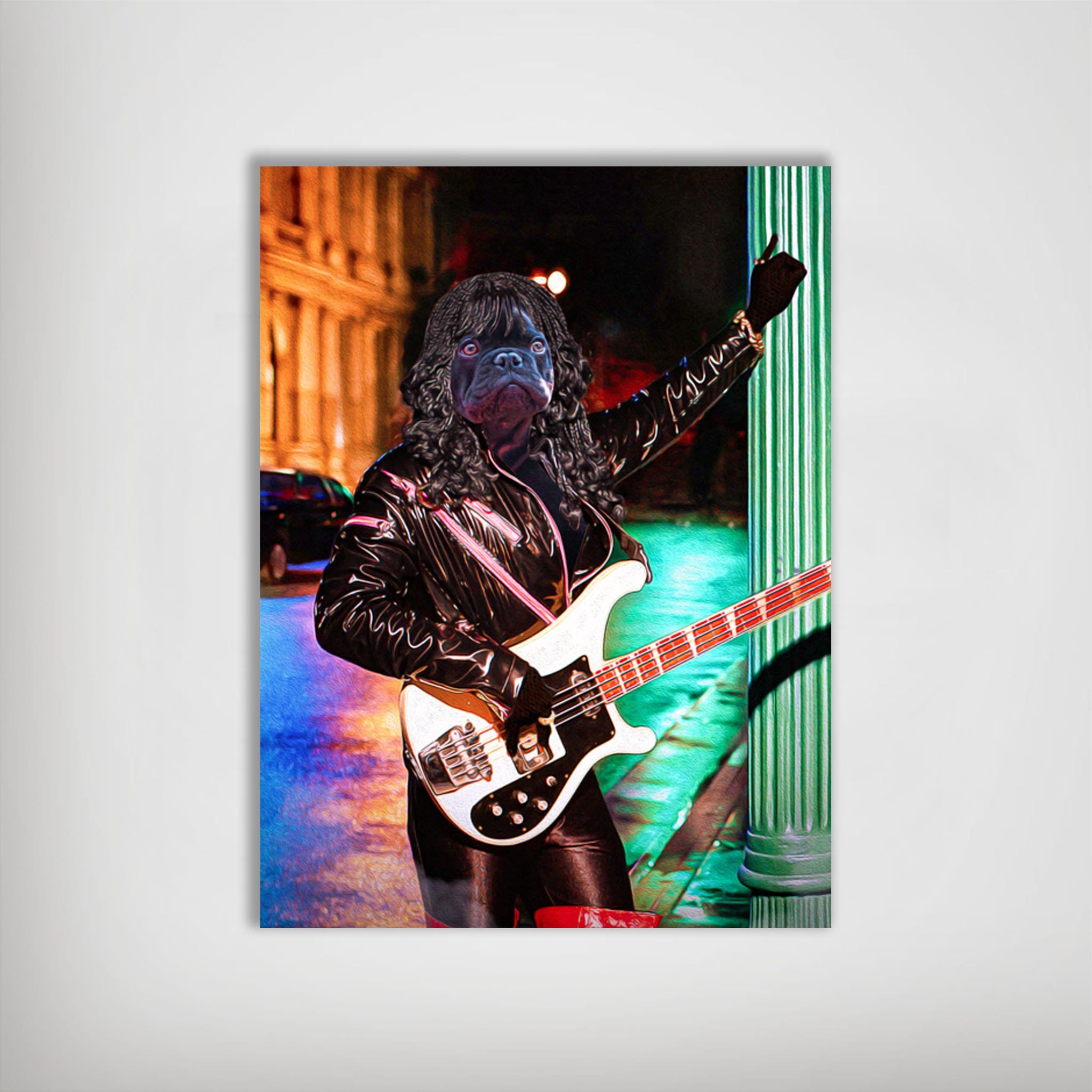 Personalized 'Lick James' dog poster featuring a pet's face on a musician playing a white bass guitar.