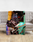 Personalized pet blanket with a Doggovinci portrait of a pug as a rockstar playing bass.