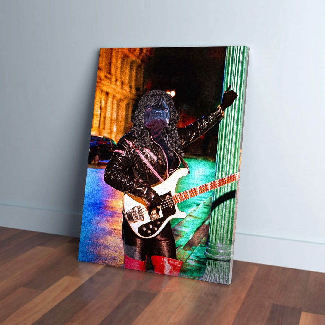 Personalized pet canvas featuring a dog dressed as a rock star with a bass guitar.