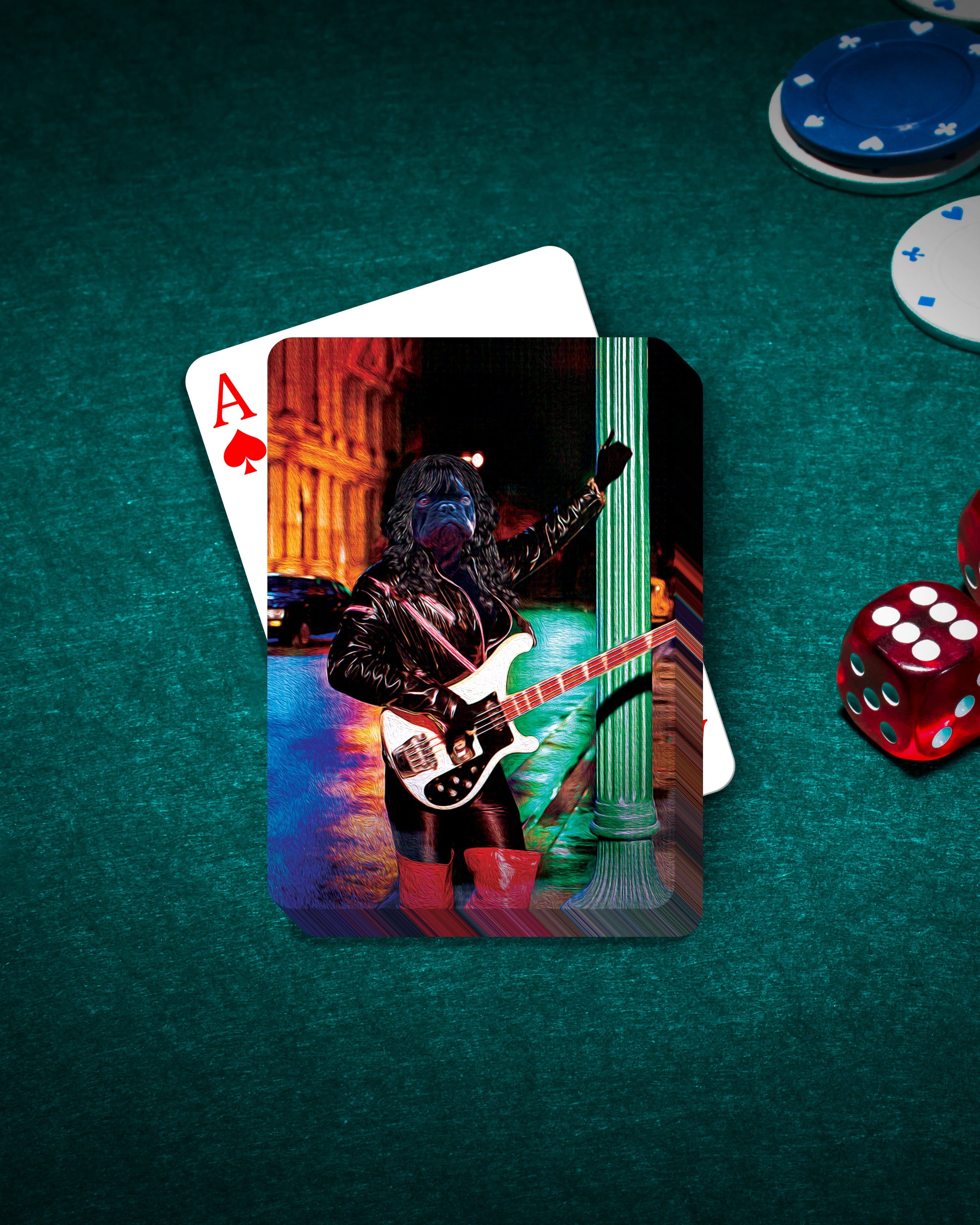 Personalized pet playing card featuring a dog in a leather jacket playing bass, on a green poker table.
