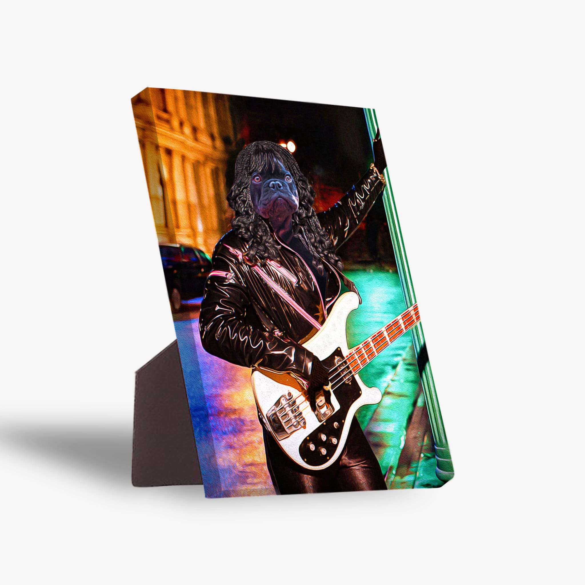 Personalized pet standing canvas featuring a black dog as a rockstar playing a white bass guitar.