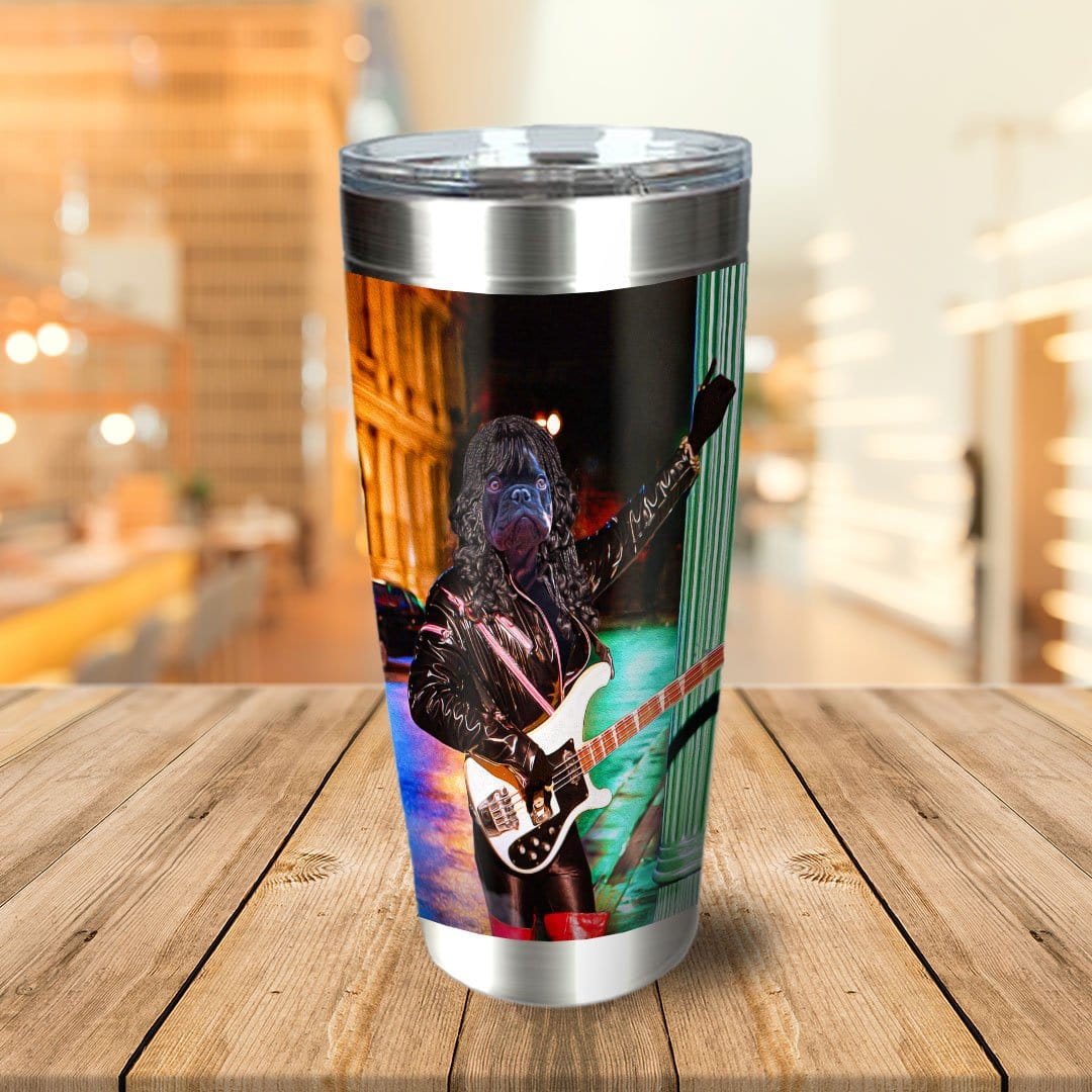 Personalized stainless steel tumbler with a custom dog portrait in a rockstar outfit playing bass.