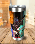 Personalized stainless steel tumbler with a custom dog portrait in a rockstar outfit playing bass.