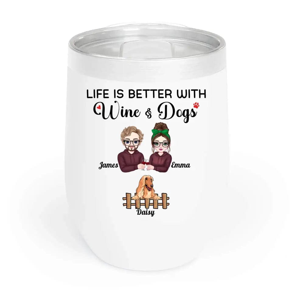 White 12oz stainless steel wine tumbler with custom cartoon portraits of a couple and their golden retriever dog.