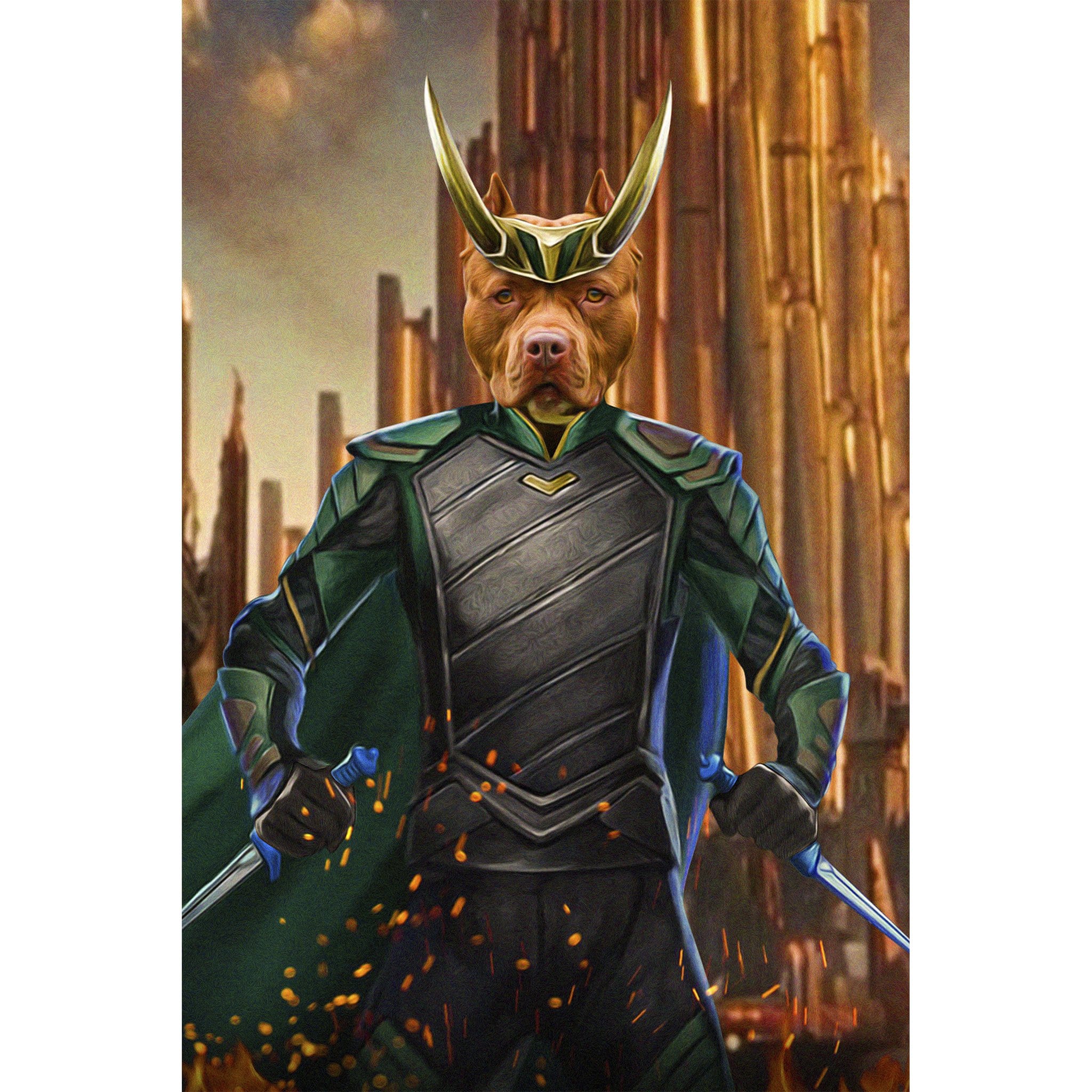 Personalized digital portrait of a pit bull dog as Loki, wearing green and black armor with golden horns.