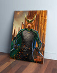 Personalized pet canvas featuring a pit bull dressed as Loki, with golden horns and green armor, against a golden city backdrop.