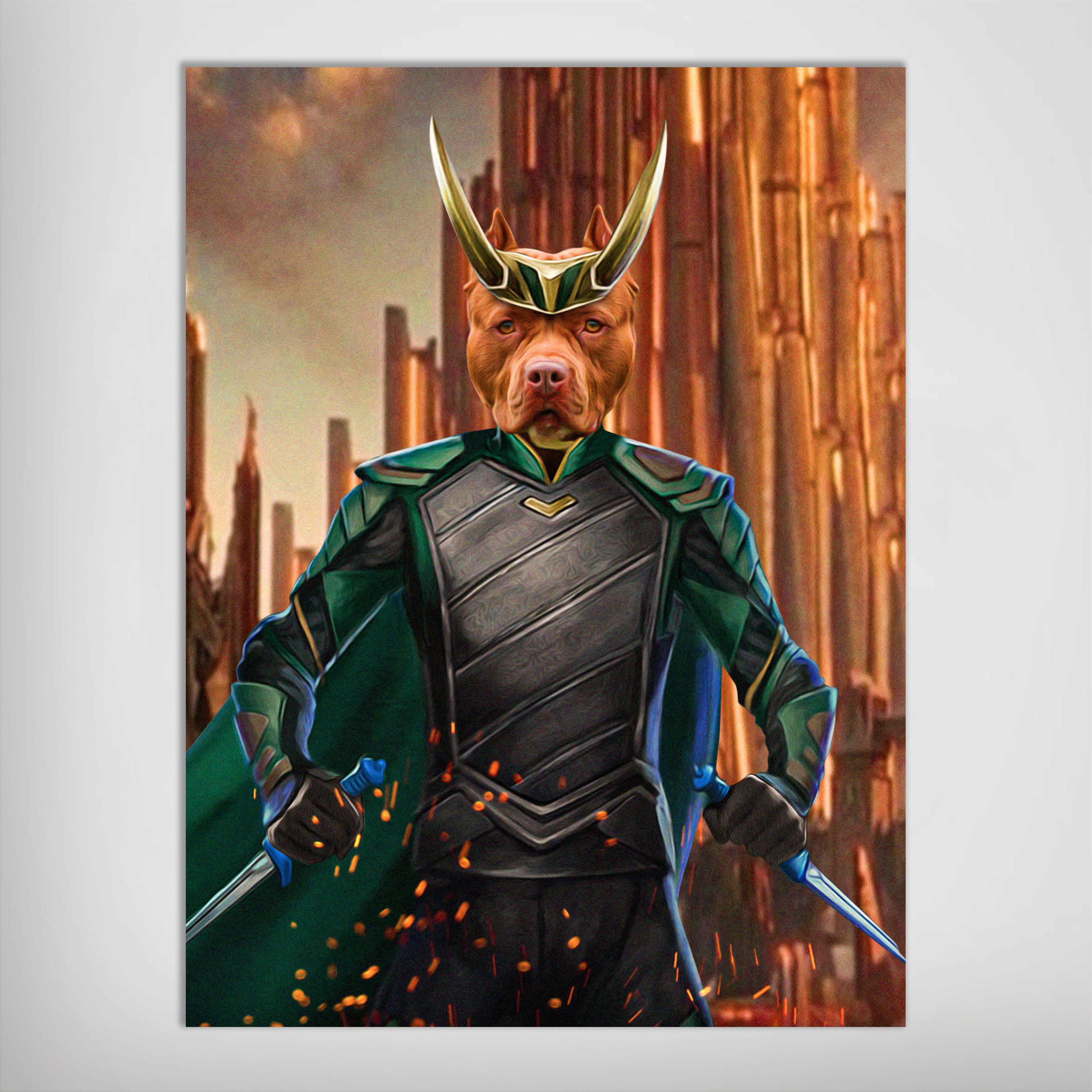 Personalized matte poster featuring a pit bull dog dressed as Loki with gold horns and green armor.