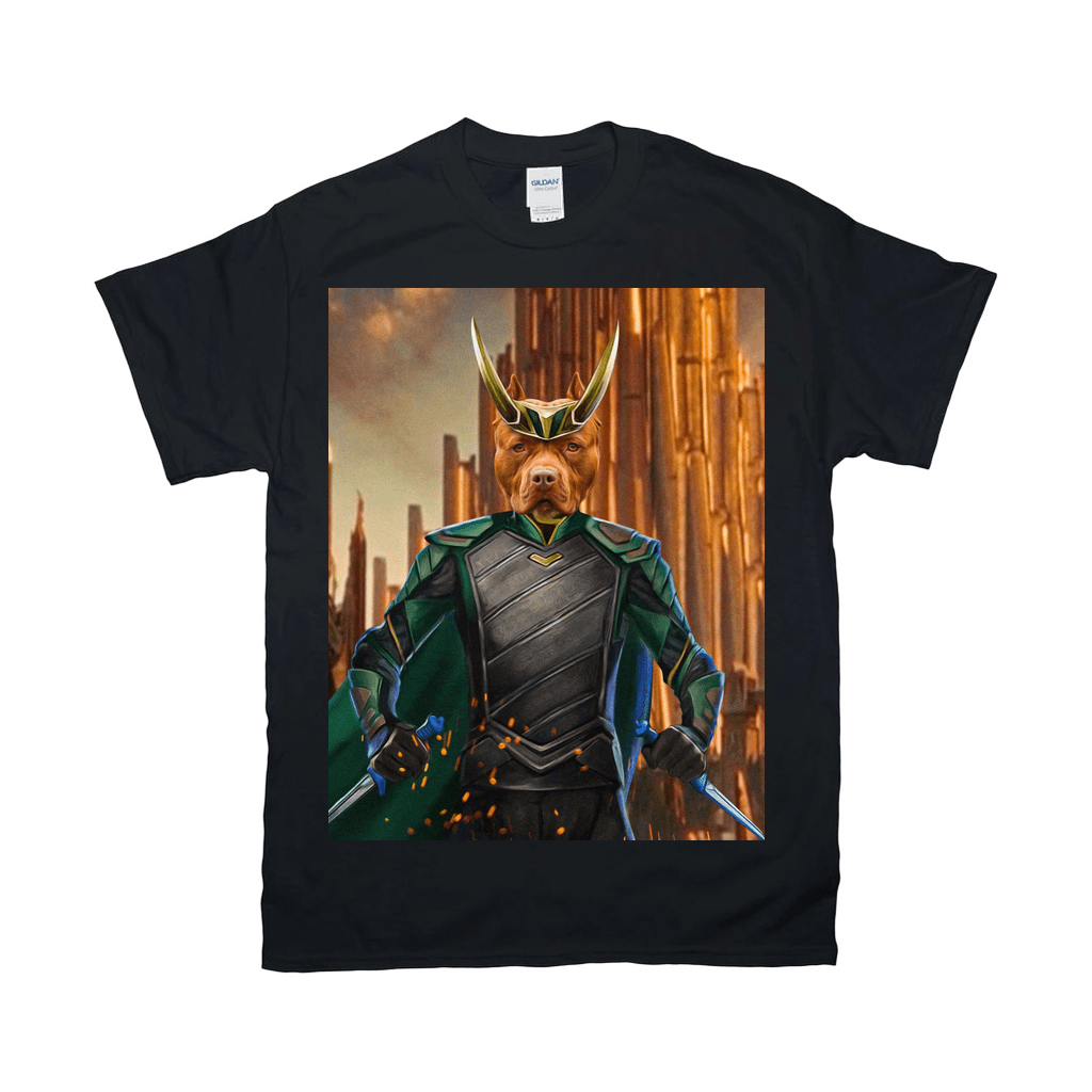 Black Gildan t-shirt with a personalized pet portrait of a dog dressed as Loki, featuring green and gold armor.