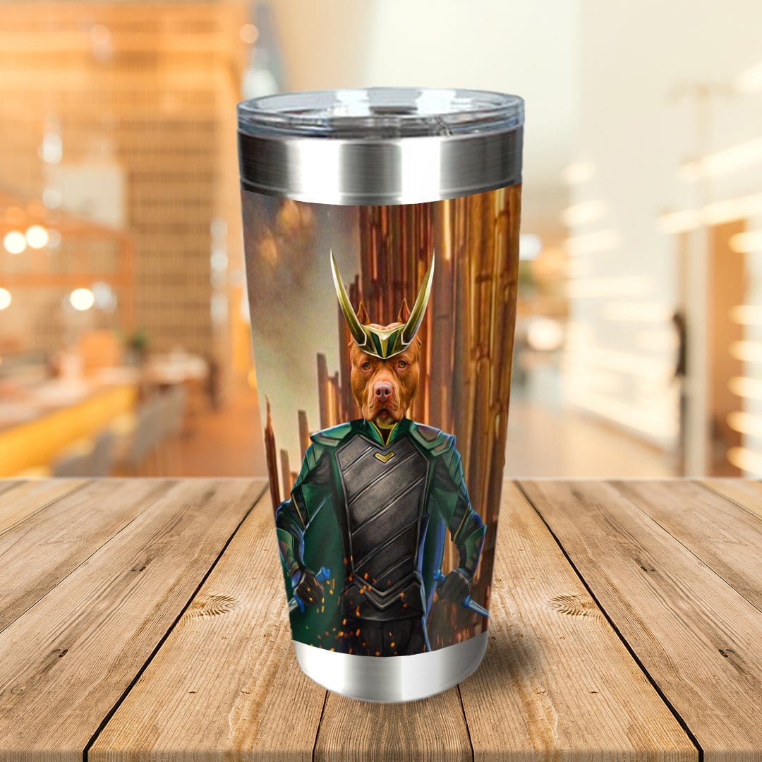 Personalized stainless steel tumbler with a custom dog portrait in a Loki costume.