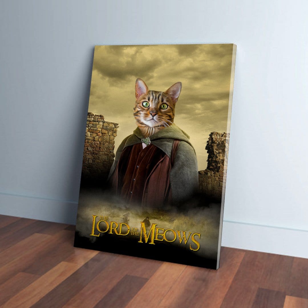 Personalized 'Lord Of The Meows' pet canvas featuring a cat in a fantasy costume against a cloudy sky.