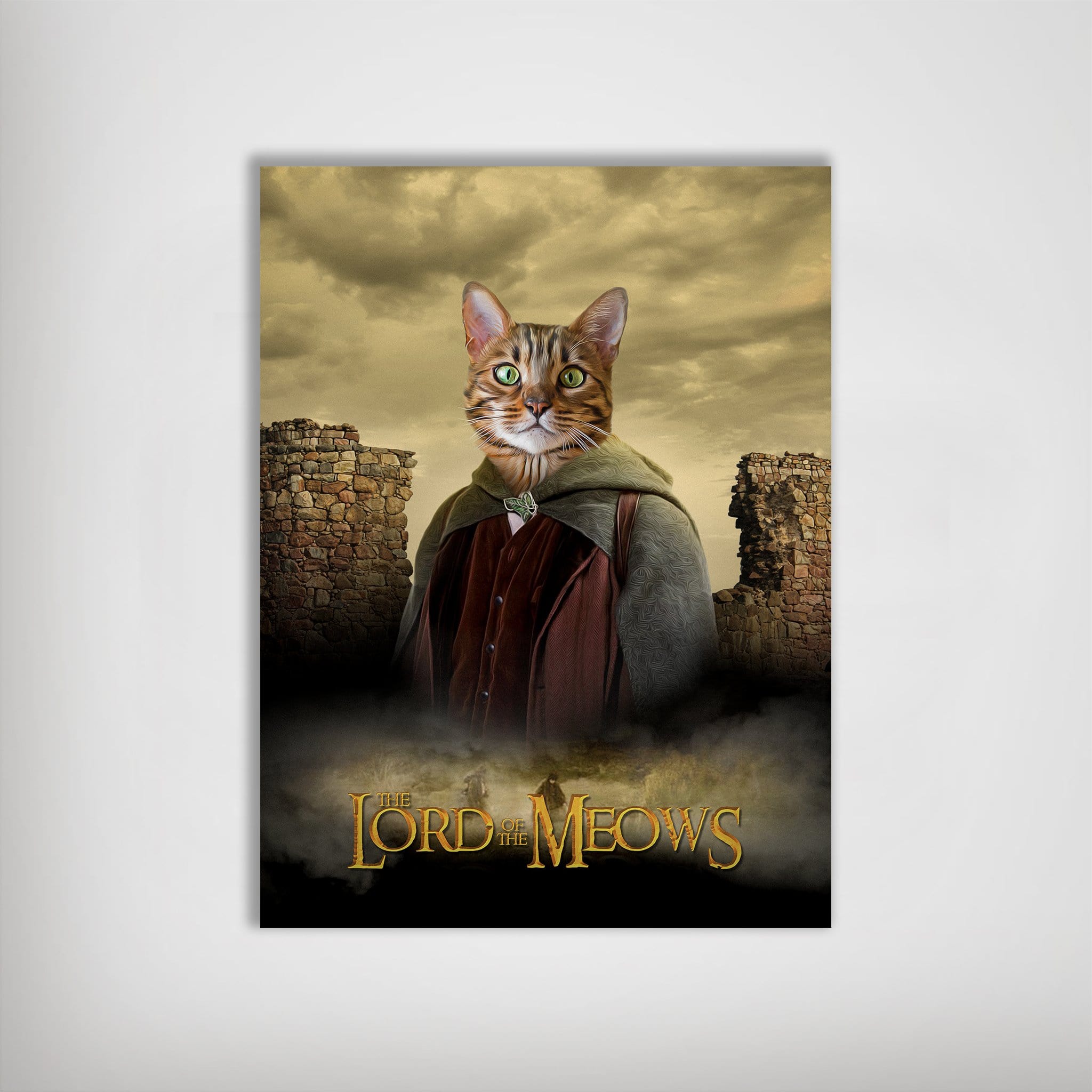 Personalized "Lord Of The Meows" pet poster featuring a cat in a fantasy cloak against a cloudy sky.