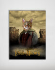 Personalized "Lord Of The Meows" pet poster featuring a cat in a fantasy cloak against a cloudy sky.