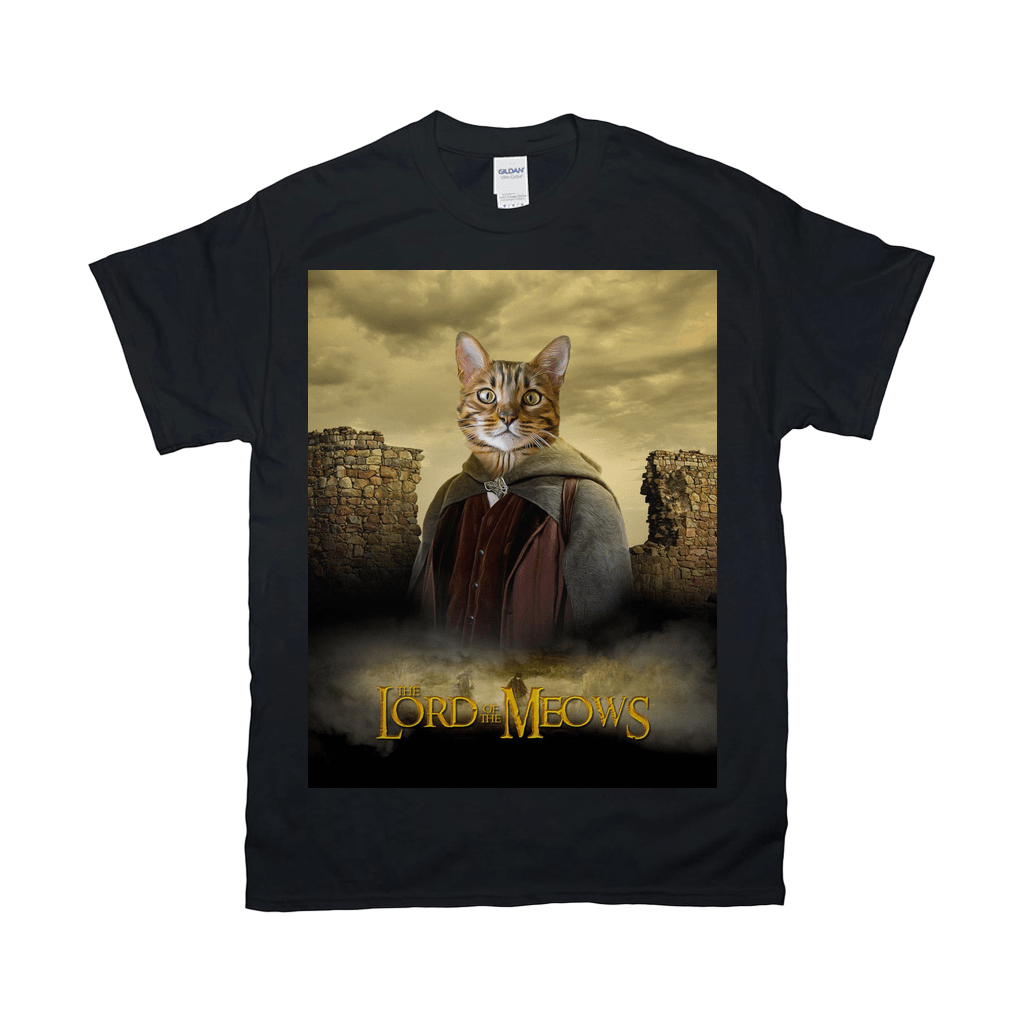 Black Gildan t-shirt with a "Lord of the Meows" design featuring a cat in a fantasy costume.