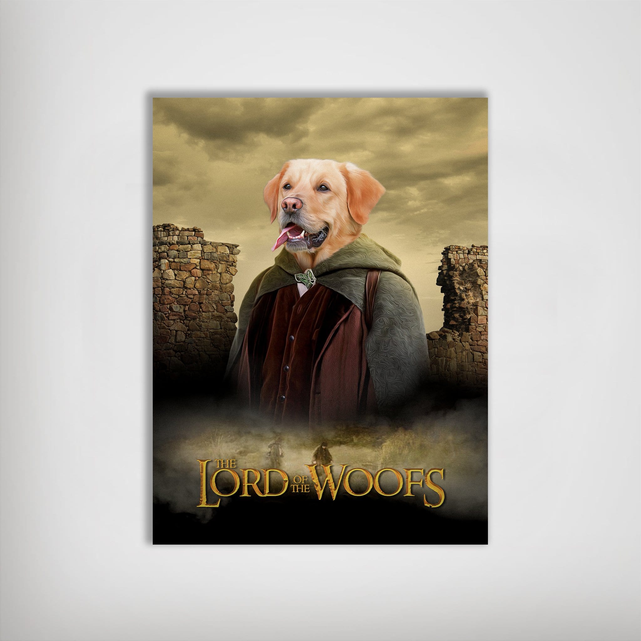 Personalized "Lord Of The Woofs" poster featuring a golden retriever in a fantasy cloak against a ruined landscape.