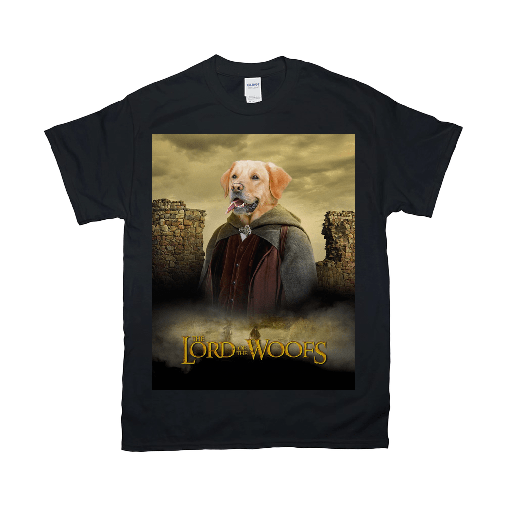 Black Gildan t-shirt featuring a personalized "Lord Of The Woofs" design with a golden retriever in a cloak.