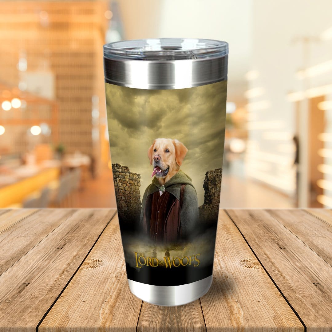 Personalized stainless steel tumbler with a golden retriever pet portrait in a "Lord of the Woofs" Viking style.