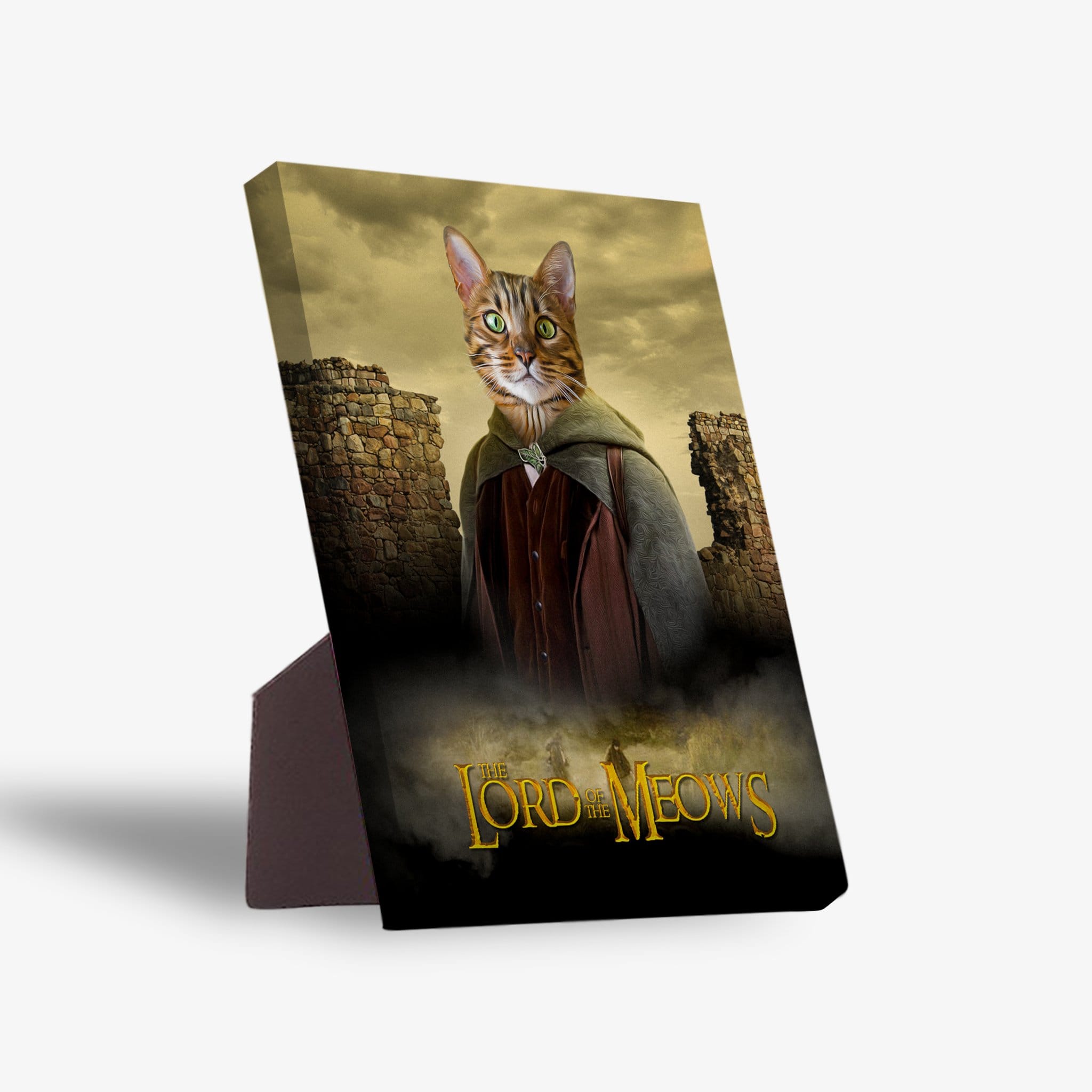 Personalized "Lord Of the Meows" standing canvas featuring a cat in a fantasy cloak against stone ruins.