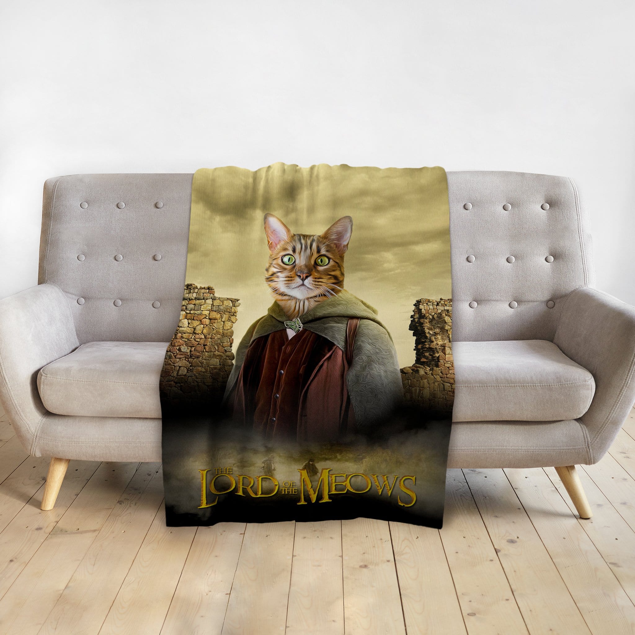 Personalized pet blanket with a cat in a "Lord of the Meows" renaissance-style portrait.