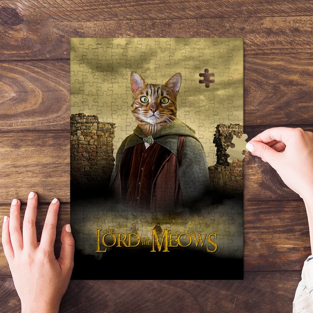Personalized 'Lord of the Meows' pet puzzle featuring a cat in a fantasy costume, with hands assembling pieces.