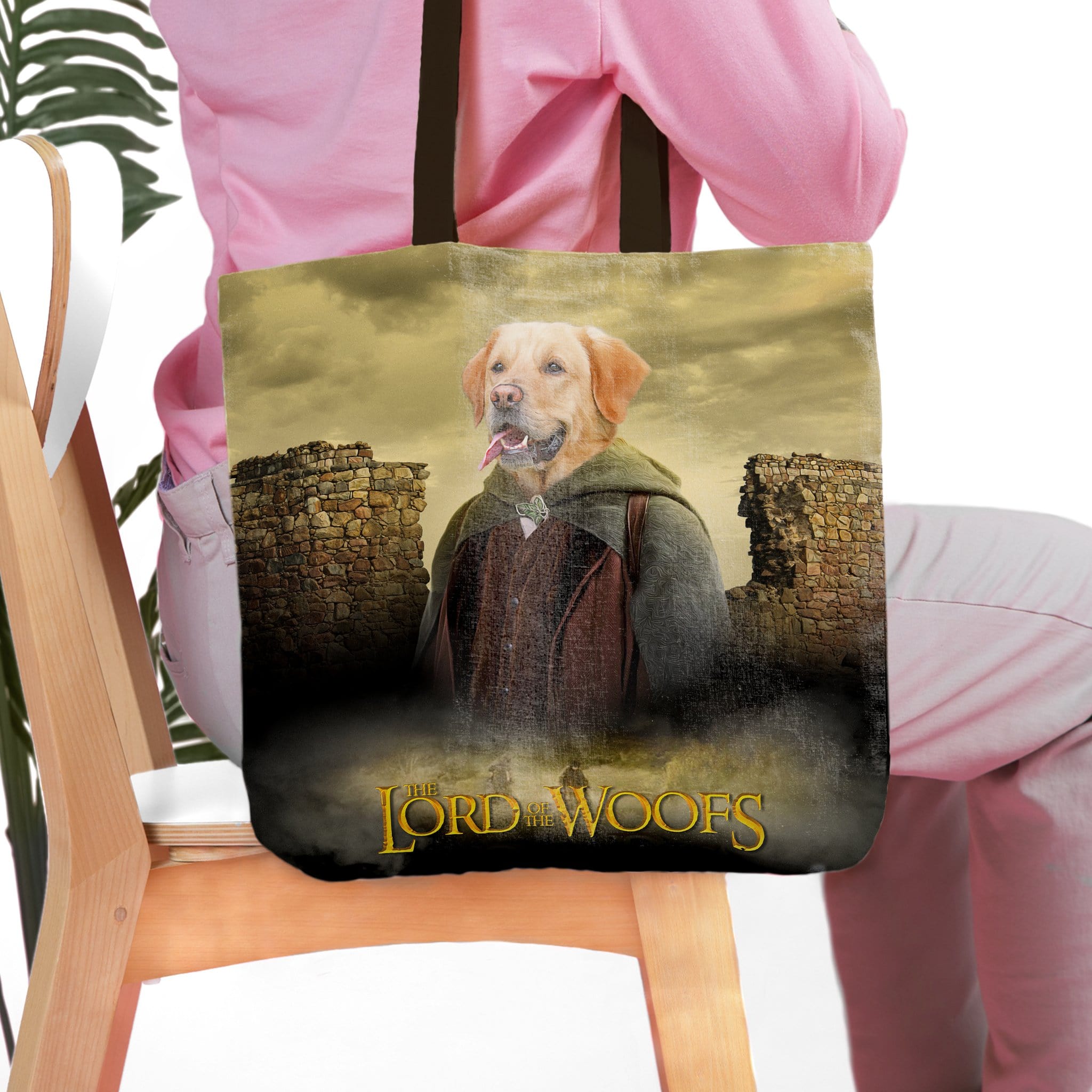 Personalized "Lord of the Woofs" tote bag with a custom dog portrait in a fantasy setting.