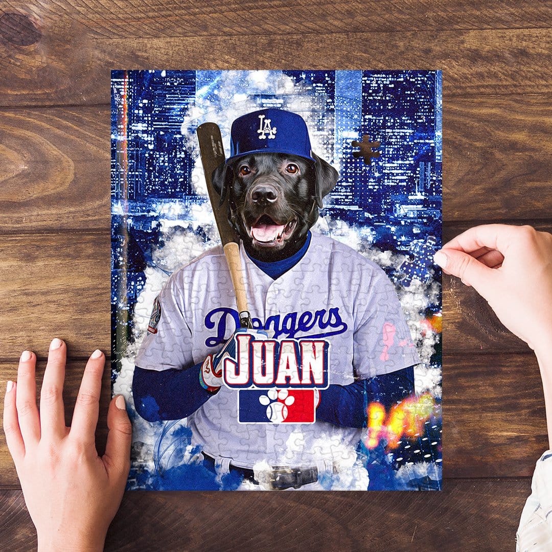 Personalized "Los Angeles Doggers" pet puzzle featuring a black lab in a baseball uniform.