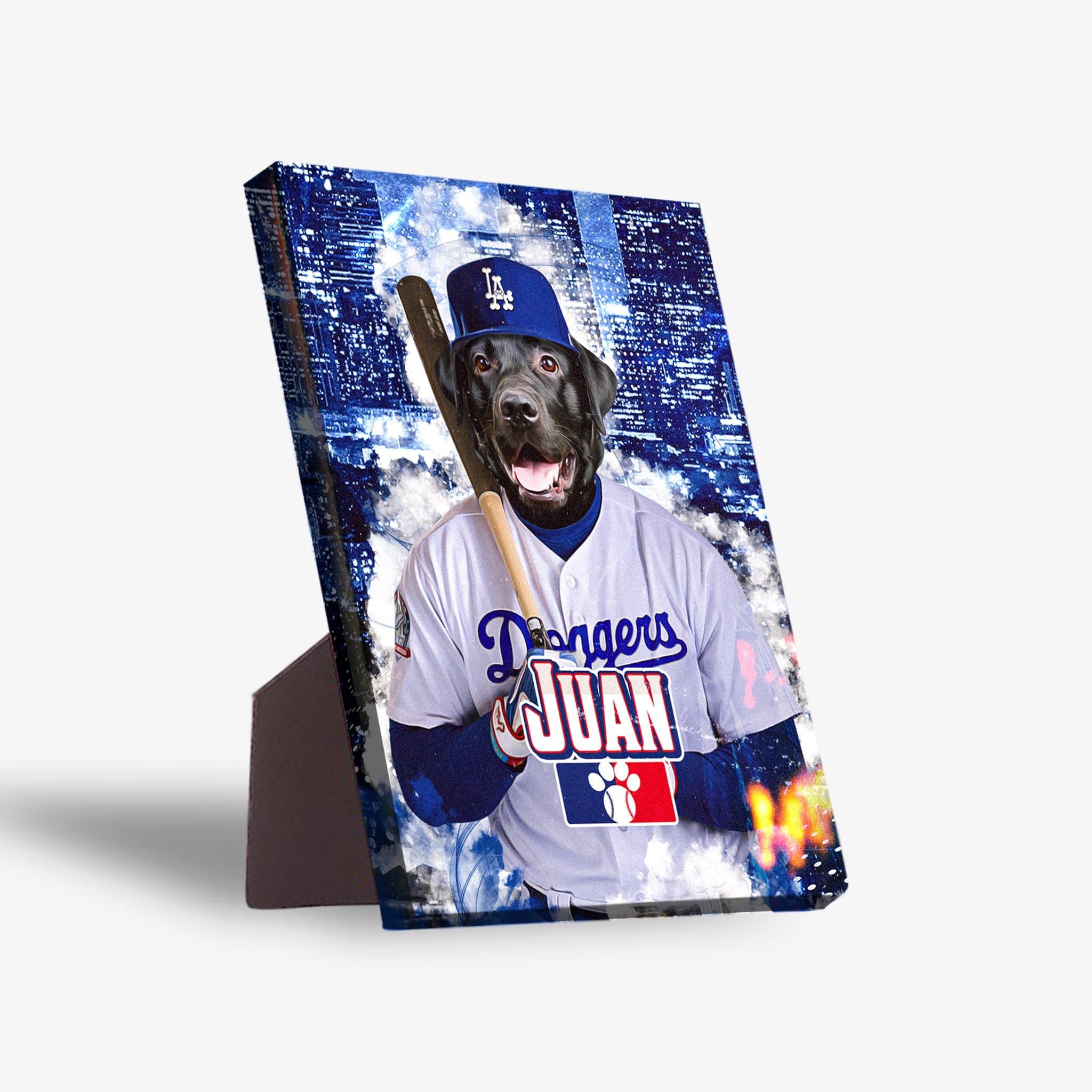 Personalized Los Angeles Doggers standing canvas featuring a black dog in a baseball uniform and cap.