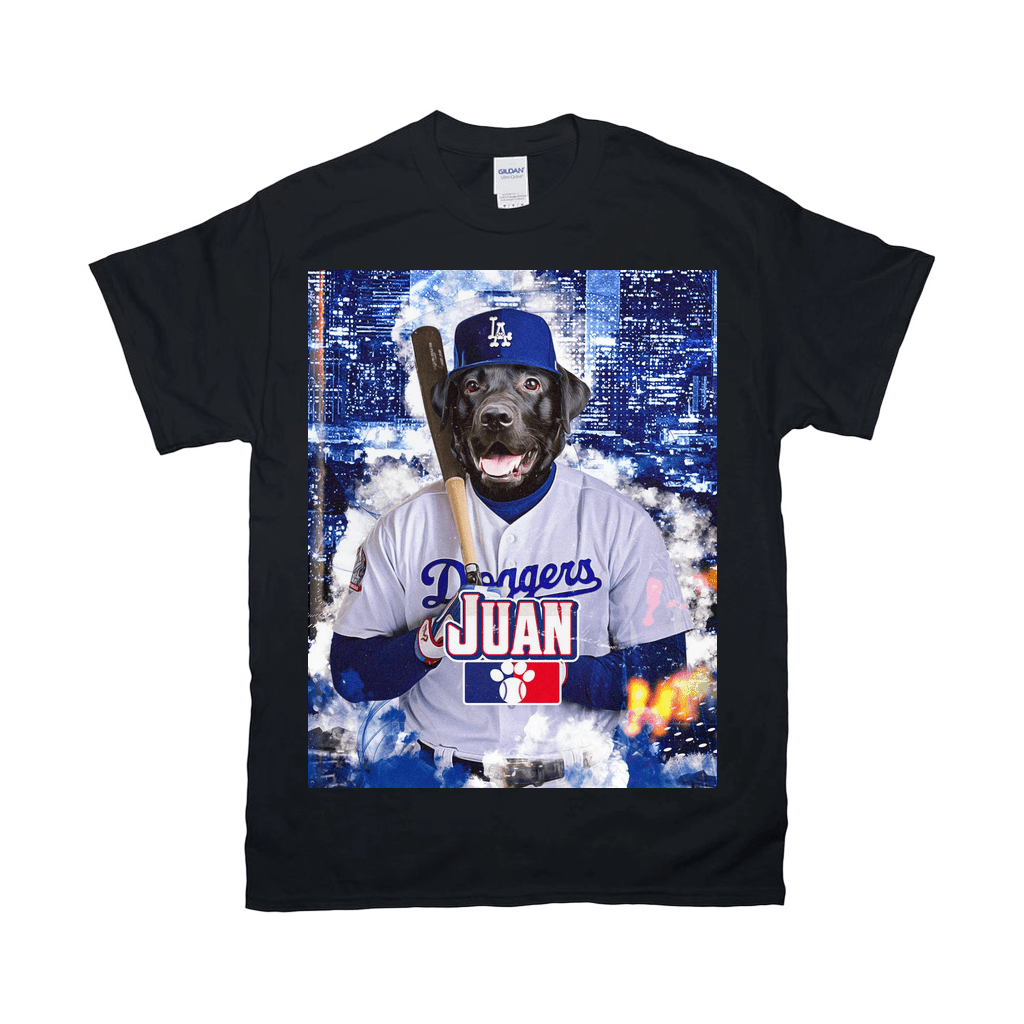 Black Gildan t-shirt featuring a black lab in a Dodgers baseball uniform with "Doggers JUAN" and a paw print logo.