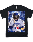 Black Gildan t-shirt featuring a black lab in a Dodgers baseball uniform with "Doggers JUAN" and a paw print logo.