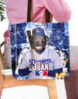 Personalized Los Angeles Doggers tote bag with a black dog pet portrait in a baseball uniform.