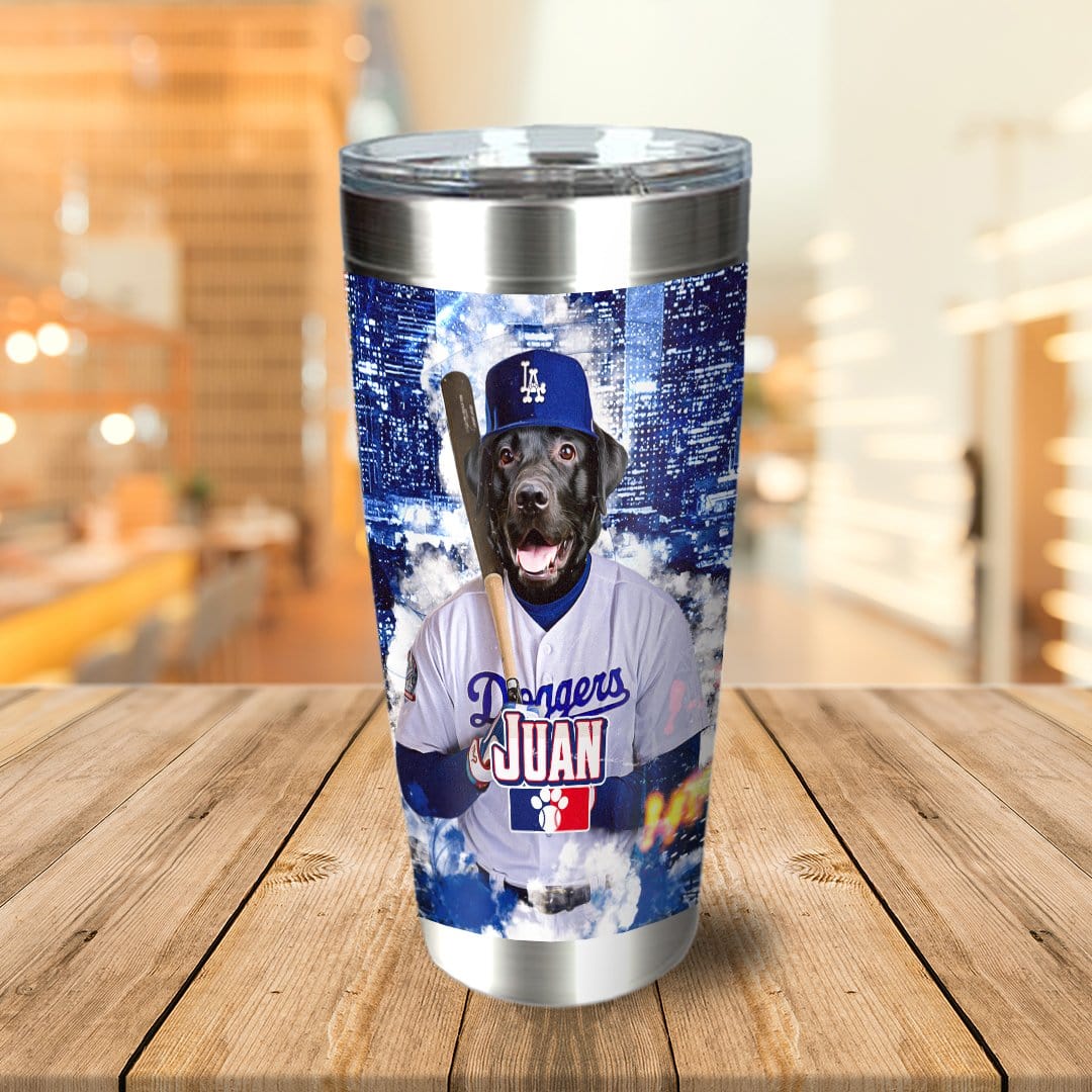 Personalized stainless steel tumbler with a custom portrait of a black dog in a baseball uniform.