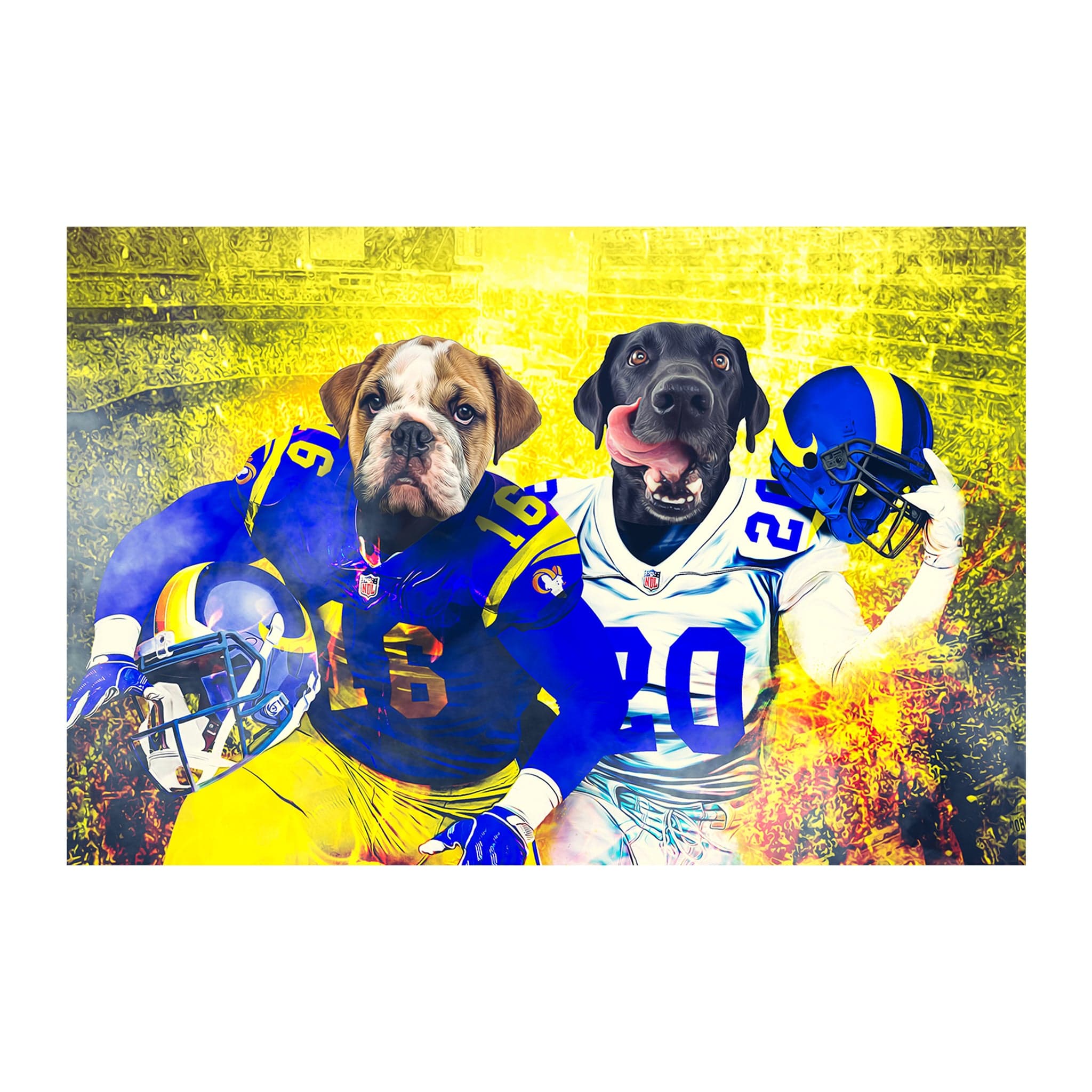 Custom digital portrait of two dogs as Los Angeles Rams football players.