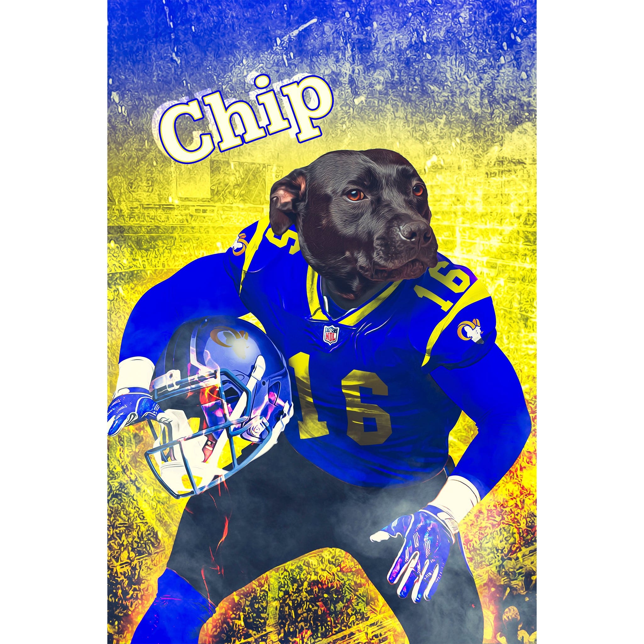 Custom digital portrait of a black dog in a blue and yellow football uniform, holding a helmet.