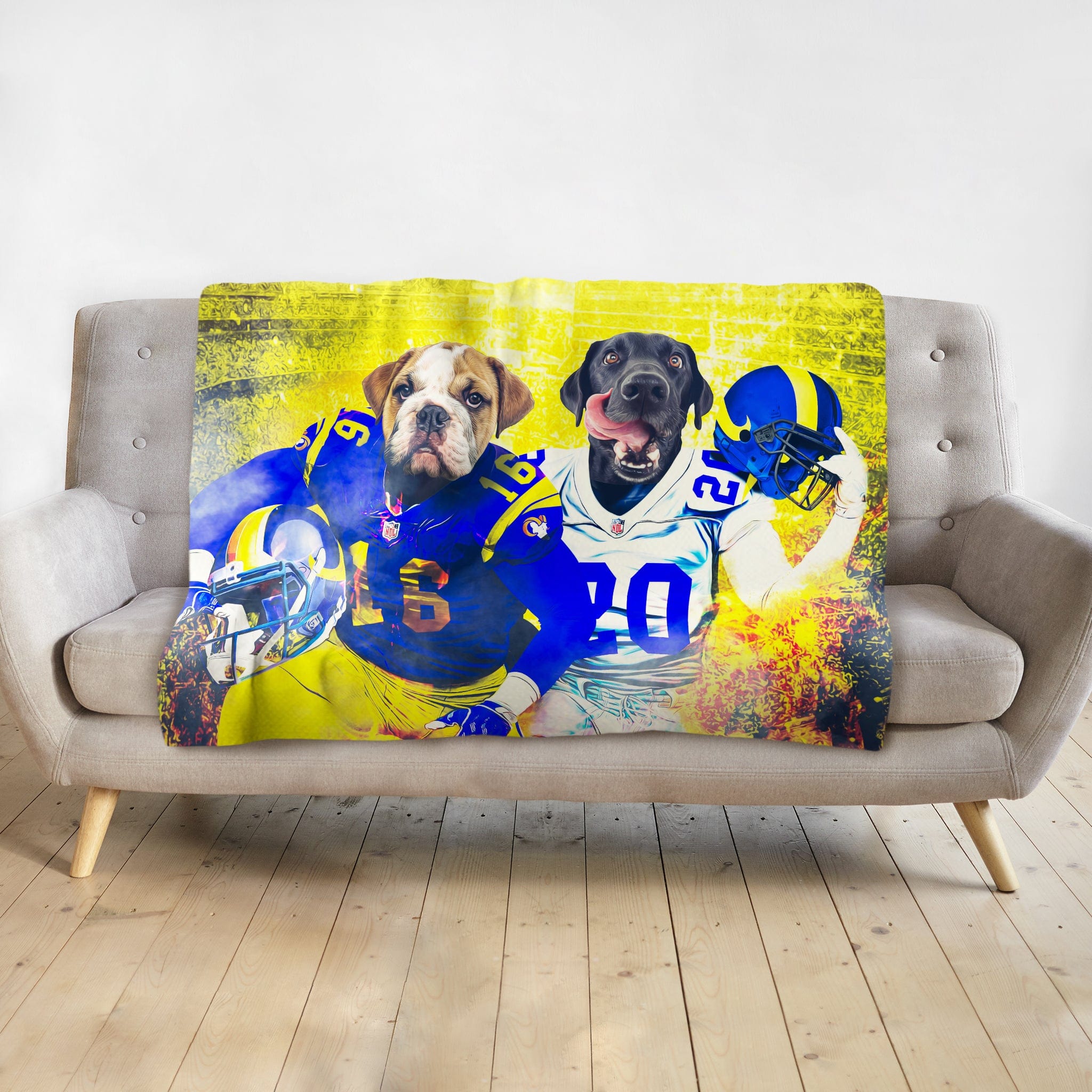 Personalized minky blanket with two pets, a bulldog and a black lab, in custom football uniforms.