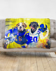 Personalized minky blanket with two pets, a bulldog and a black lab, in custom football uniforms.