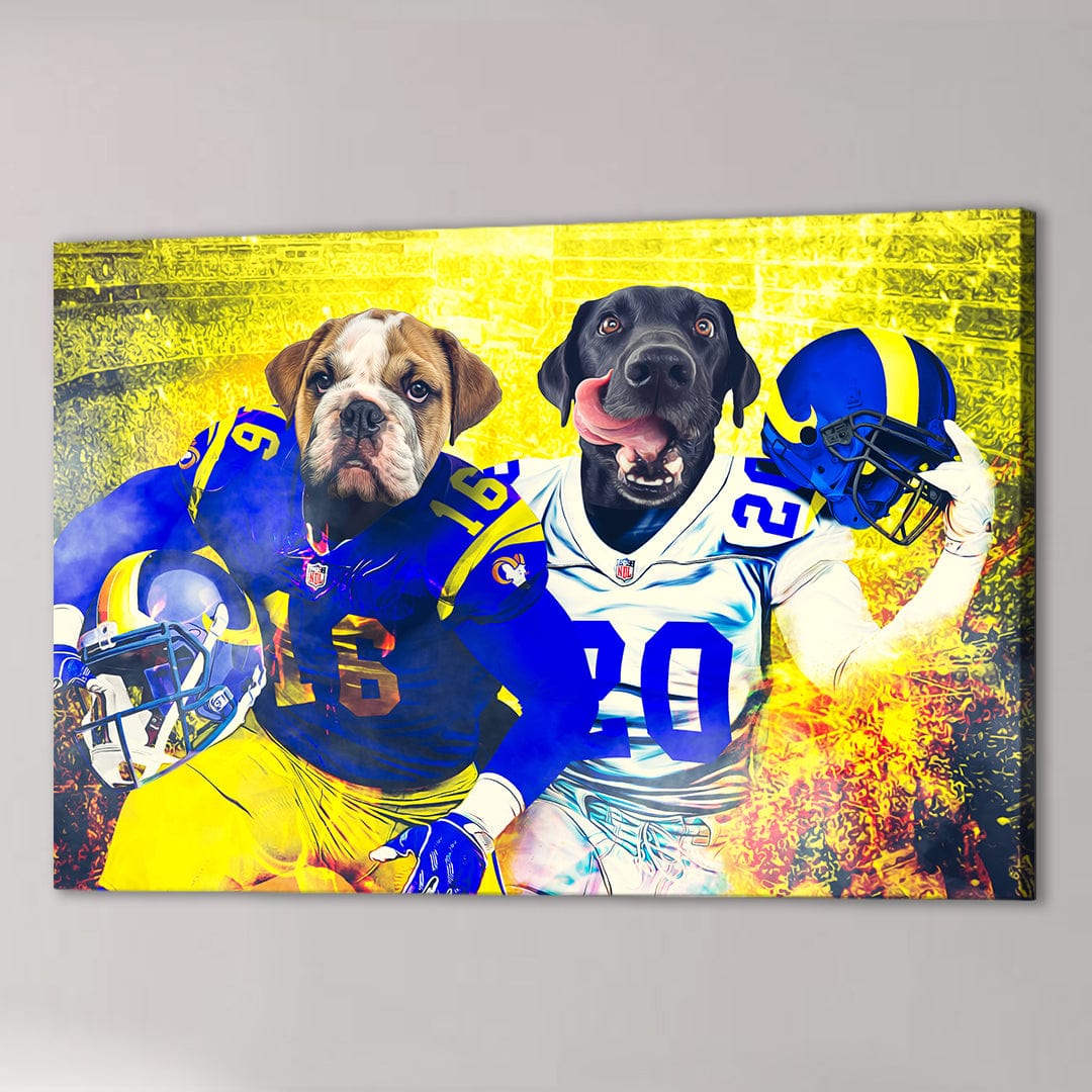 Personalized 'Los Angeles Doggos' canvas featuring two pets in blue and yellow football uniforms.