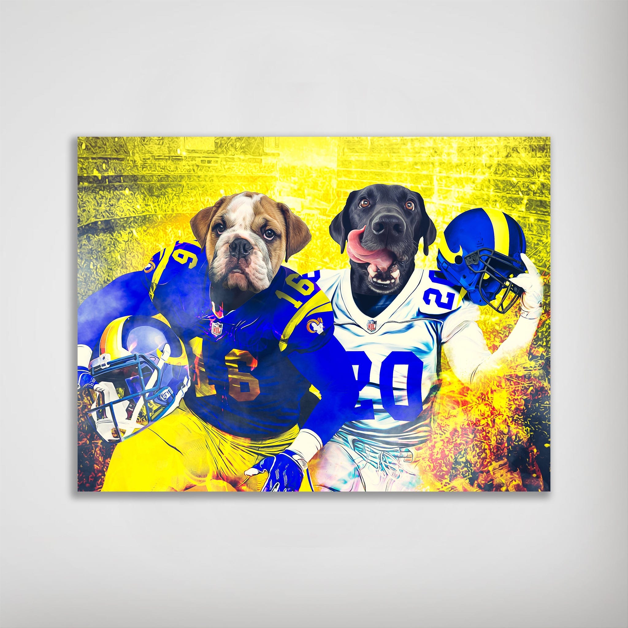 Personalized 'Los Angeles Doggos' poster featuring a bulldog and a black lab in blue and yellow football uniforms.