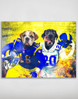 Personalized 'Los Angeles Doggos' poster featuring a bulldog and a black lab in blue and yellow football uniforms.