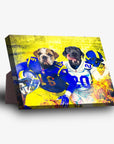 Personalized standing canvas featuring two pets as Los Angeles Rams football players on a vibrant yellow background.
