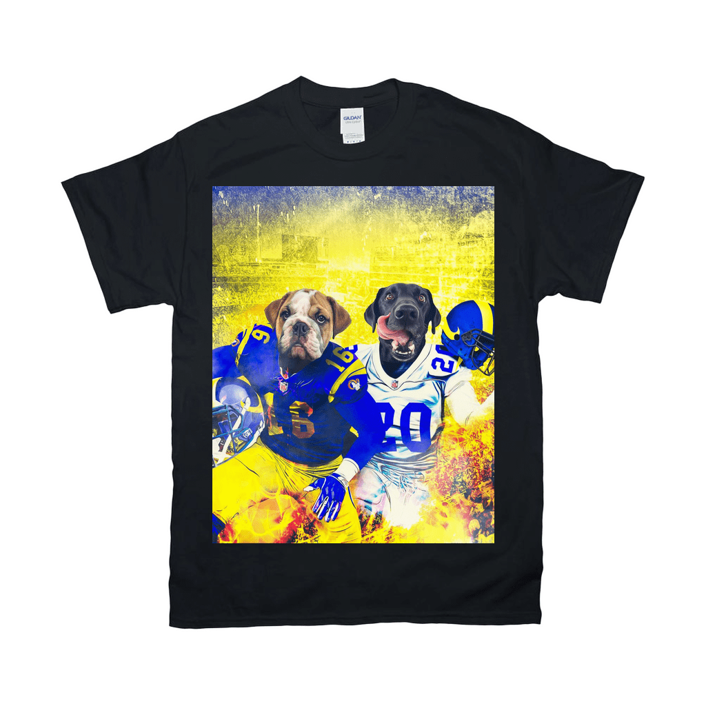 Black Gildan unisex t-shirt featuring two dogs in blue and yellow football uniforms, one bulldog and one black lab.
