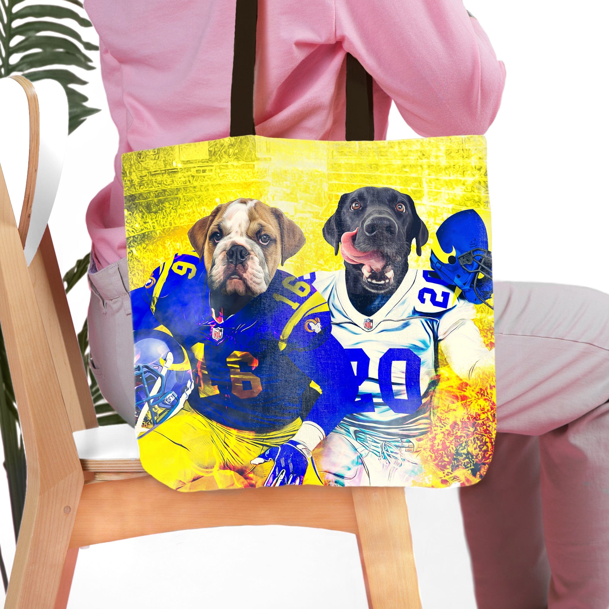 Personalized Los Angeles Doggos 2 pet tote bag featuring a bulldog and black lab in football uniforms.