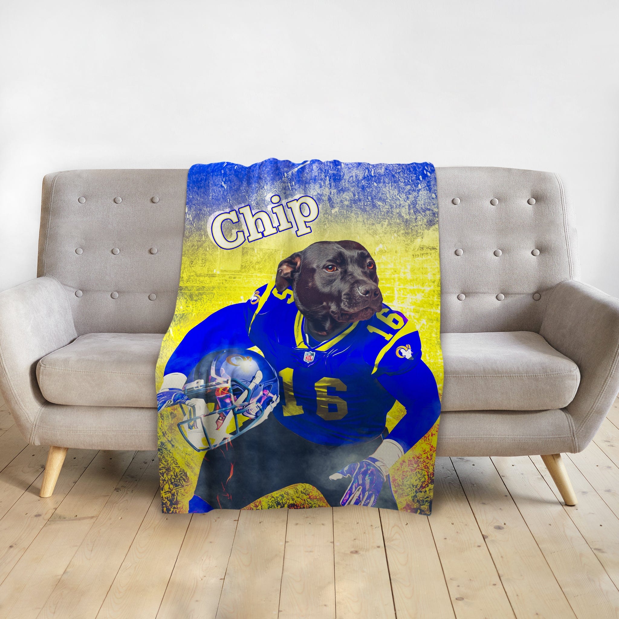 Personalized pet blanket with a black dog in a blue football uniform, named "Chip," on a yellow background.