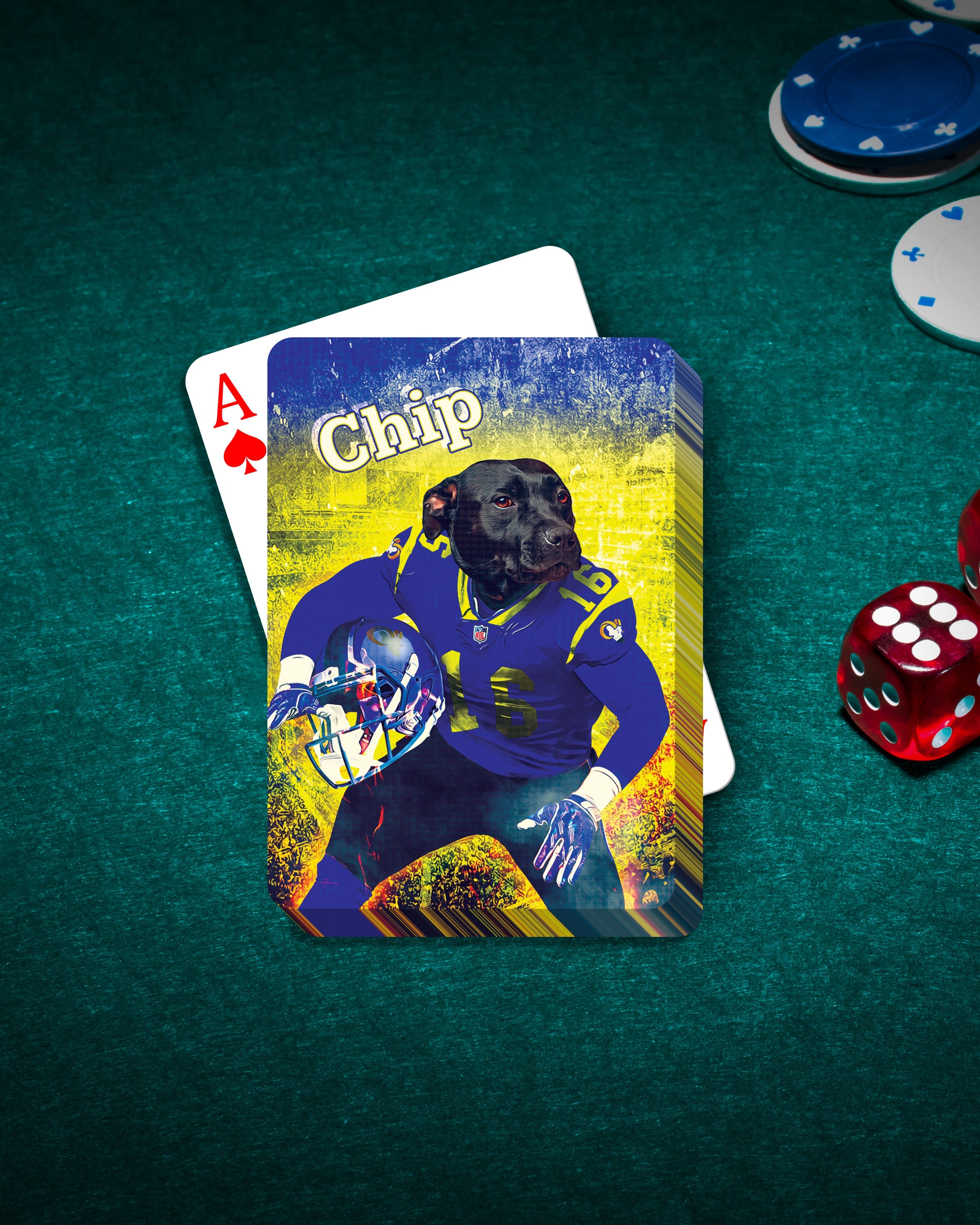 Personalized playing card featuring a black pit bull in a blue football uniform on a green felt table.