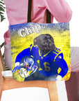 Personalized tote bag with a custom pet portrait of a black dog in a blue football uniform.