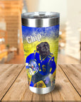 Personalized stainless steel tumbler with a black dog in a blue football uniform and "Chip" text.
