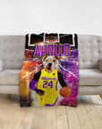 Personalized pet blanket with a dog in a yellow basketball jersey, "Apollo" above a hoop.