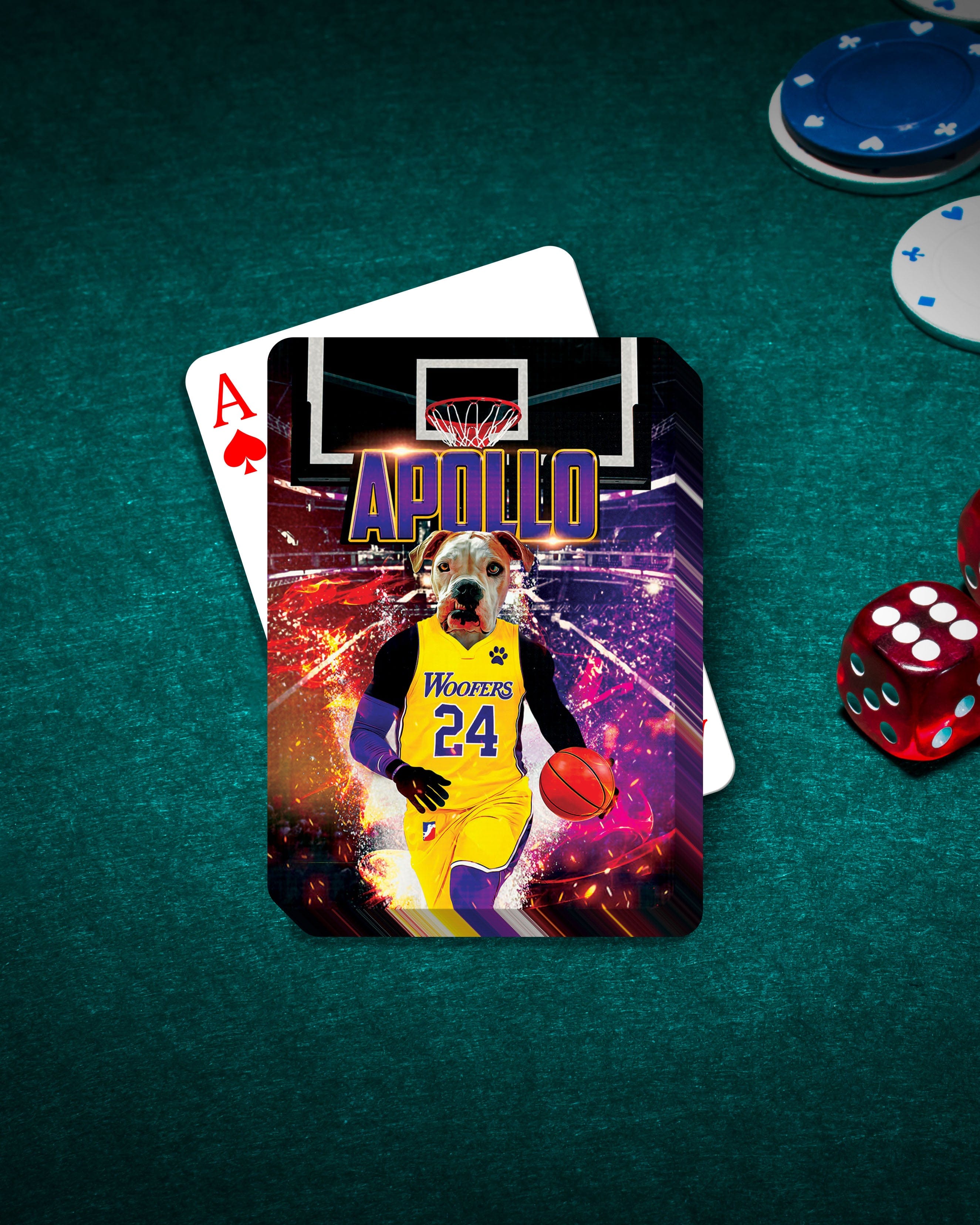 Personalized playing card featuring a dog in a basketball uniform, "Apollo Woofers 24" design.