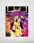 Personalized pet poster featuring a dog's head on a basketball player's body in a yellow "Woofers 24" jersey, dribbling a ball on a court.